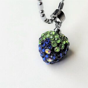 STRAWBERRY Shape Mini Aqua Blue and Lime Green Rhinestone Small Pendant Necklace